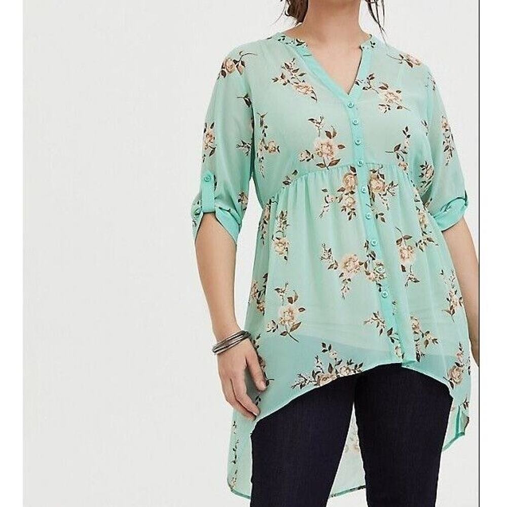 Torrid Floral Lexie Hilo Button Tunic Top Plus Size 00X Sheer Garden Cottagecore